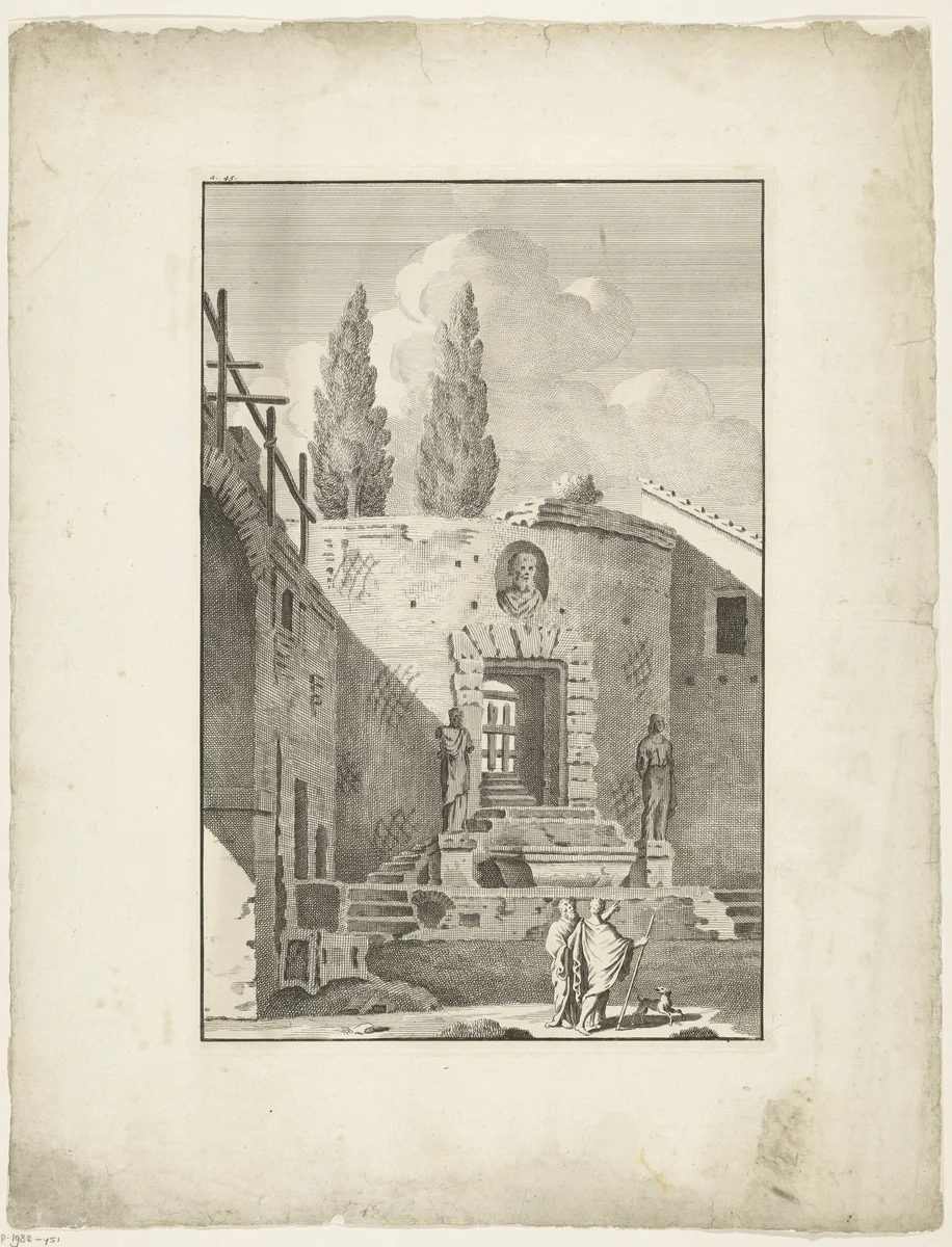 Ruïne van een trap met twee Romeinse beelden by Bonaventura van Overbeek, print, 1708