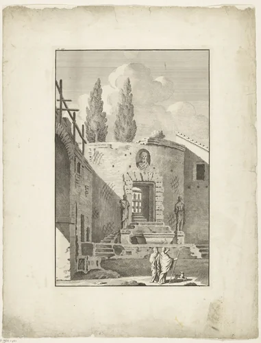Ruïne van een trap met twee Romeinse beelden by Bonaventura van Overbeek, print, 1708