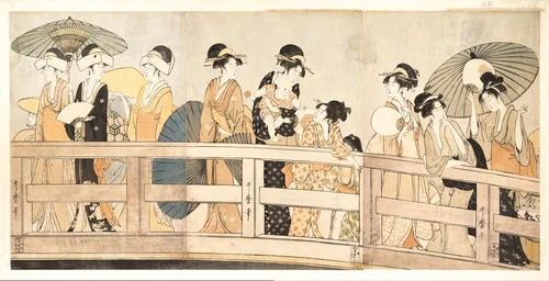 Enjoying the Cool Evening Breeze on and under the Bridge by Kitagawa Utamaro (喜多川歌麿), print, 1790-1810