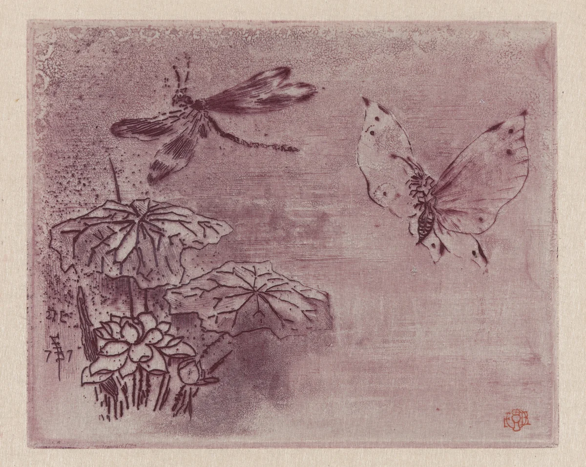 Ex Libris with a Butterfly and Dragonfly by Félix-Hilaire Buhot, print, 1877