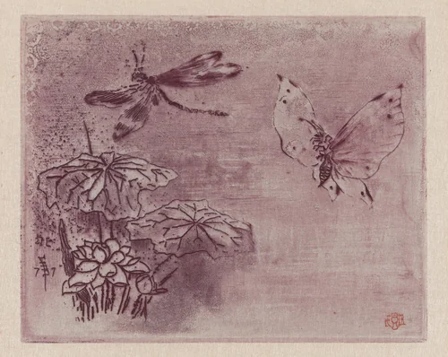 Ex Libris with a Butterfly and Dragonfly by Félix-Hilaire Buhot, print, 1877