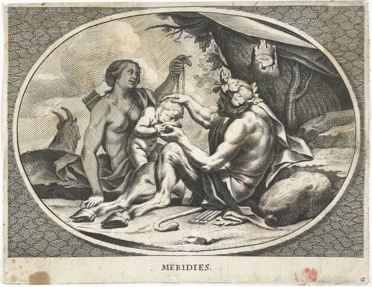 Sater en nimf met kind dat druivensap drinkt uit kom by Cornelis van Dalen, print, 1648-1664