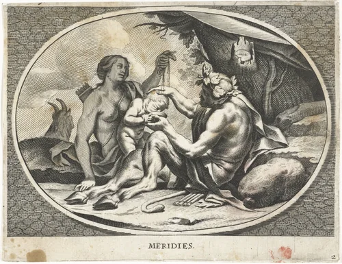 Sater en nimf met kind dat druivensap drinkt uit kom by Cornelis van Dalen, print, 1648-1664