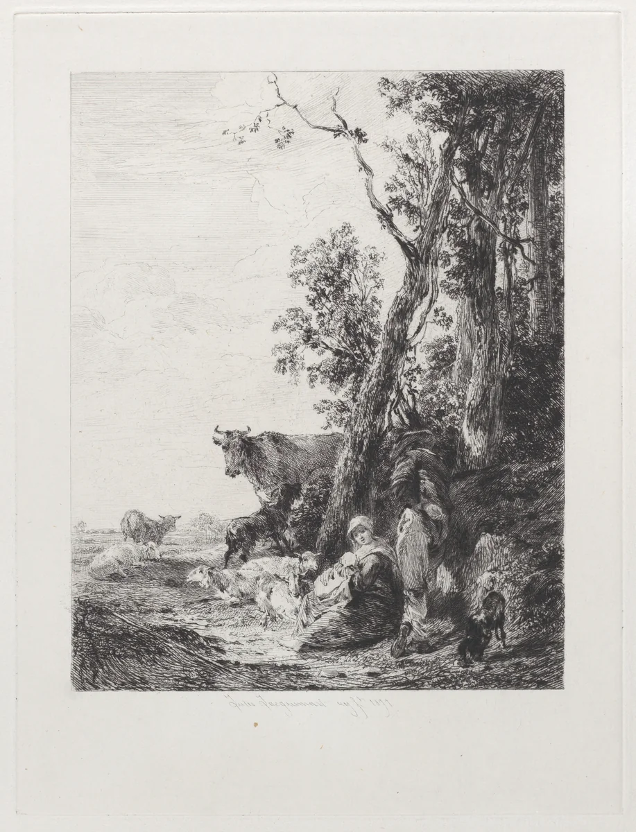 Rest, a Landscape with Figures and Cattle, after Nicolaes Berchem, from "Etchings of Pictures in the Metropolitan Museum New York" by Jules Ferdinand Jacquemart, print, 1871