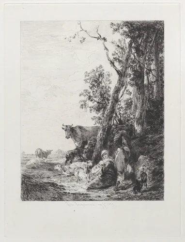 Rest, a Landscape with Figures and Cattle, after Nicolaes Berchem, from "Etchings of Pictures in the Metropolitan Museum New York" by Jules Ferdinand Jacquemart, print, 1871