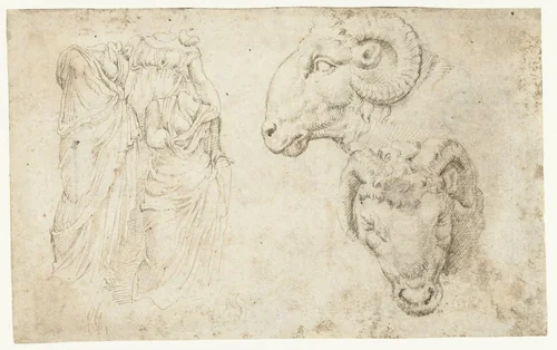 Drie standbeelden en twee studies van een ramskop op een kandelaar by Maarten van Heemskerck, drawing, 1532-1536