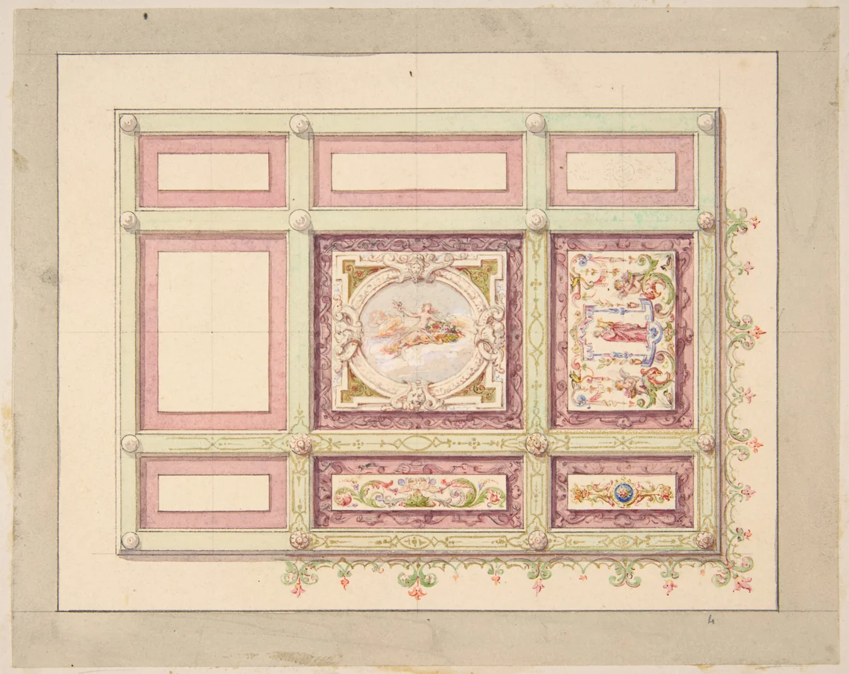 Design for a ceiling with allegorical panels by Jules-Edmond-Charles Lachaise, drawing, 1850-1900