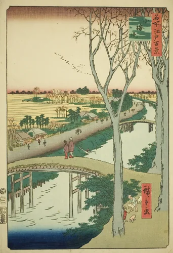 Koume Embankment (Koumezutsumi), from the series "One Hundred Famous Views of Edo (Meisho Edo hyakkei)" by Utagawa Hiroshige (歌川広重), print, 1857
