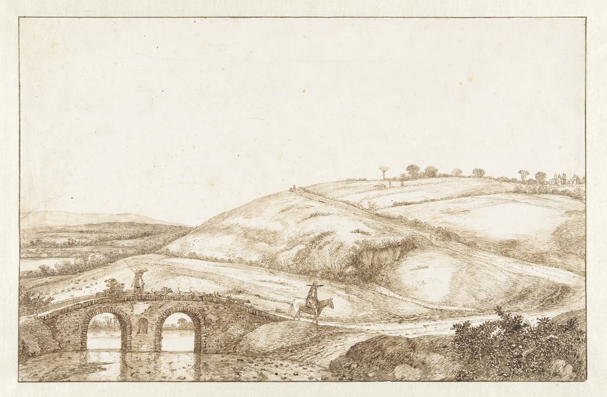 Heuvellandschap met stenen brug by Cornelis Hendriksz Vroom, drawing, 1601-1661