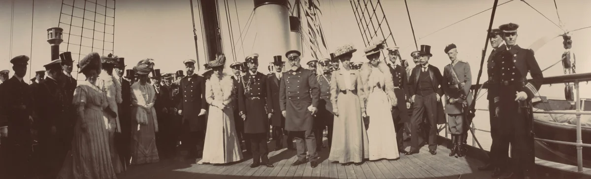 Emperor Nicholas II, Countess Heiden, Peter Stolypin, Queen Alexandria of England, King Edward VII of England in Russian uniform, Count Vladimir Fredericks, Grand Duchess Olga Alexandrovna, Princess Victoria, Grand Duke Michael Alexandrovich, Reval by Unidentified Photographer, photograph, 1908