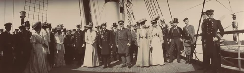 Emperor Nicholas II, Countess Heiden, Peter Stolypin, Queen Alexandria of England, King Edward VII of England in Russian uniform, Count Vladimir Fredericks, Grand Duchess Olga Alexandrovna, Princess Victoria, Grand Duke Michael Alexandrovich, Reval by Unidentified Photographer, photograph, 1908