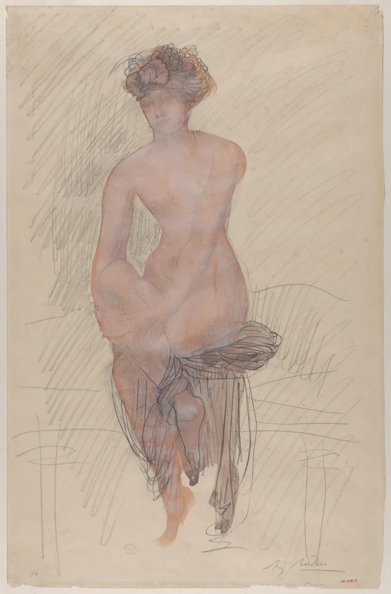 Seated female nude by Auguste Rodin, drawing, 1900-1910