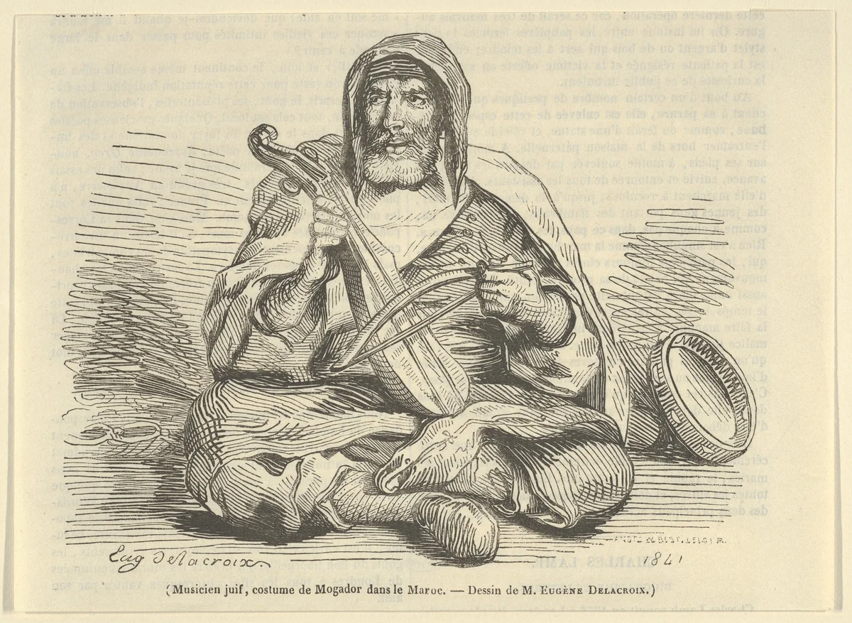 Jewish Musician in Mogador Costume, Morocco, from "Le Magasin Pittoresque" by Eugène Delacroix, print, 1842