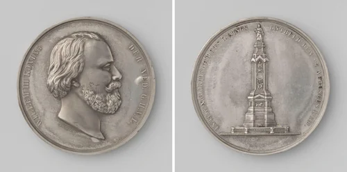 Onthulling van het Monument op de Dam te Amsterdam by Samuel Cohen Elion, metalwork, 1856