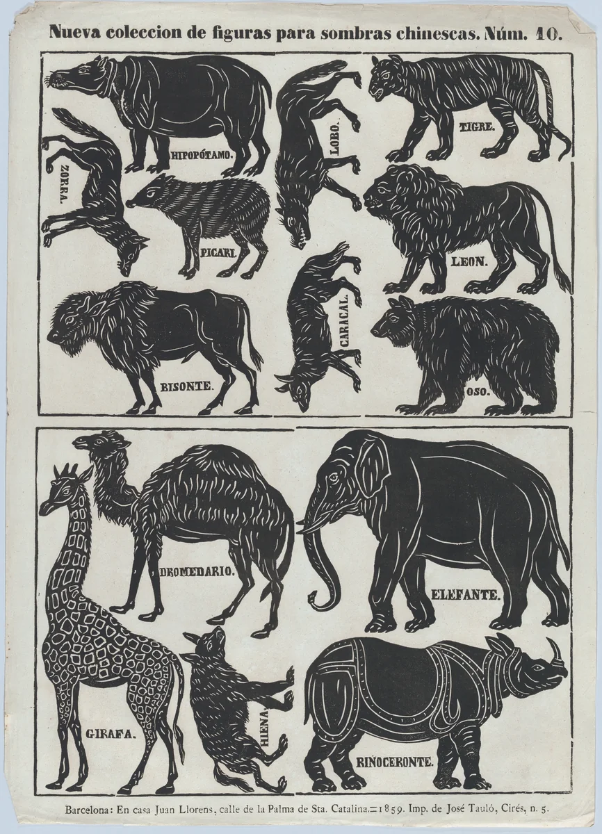 Sheet 10 of figures for Chinese shadow puppets by Juan Llorens, print, 1859