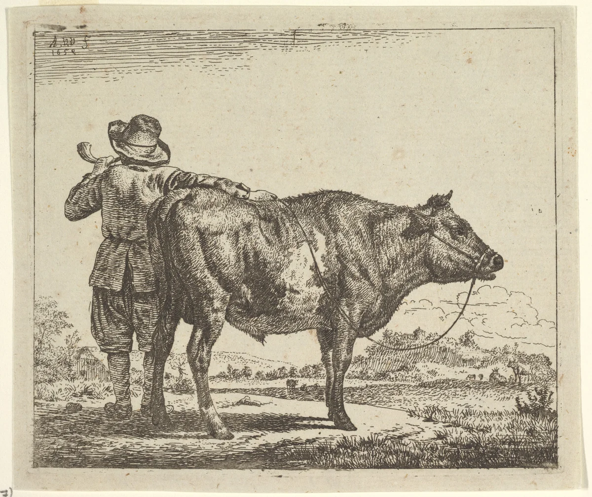 Young Herdsman with a Bull, plate 1 from "Different Animals" by Adriaen van de Velde, print, 1659