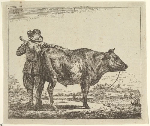 Young Herdsman with a Bull, plate 1 from "Different Animals" by Adriaen van de Velde, print, 1659