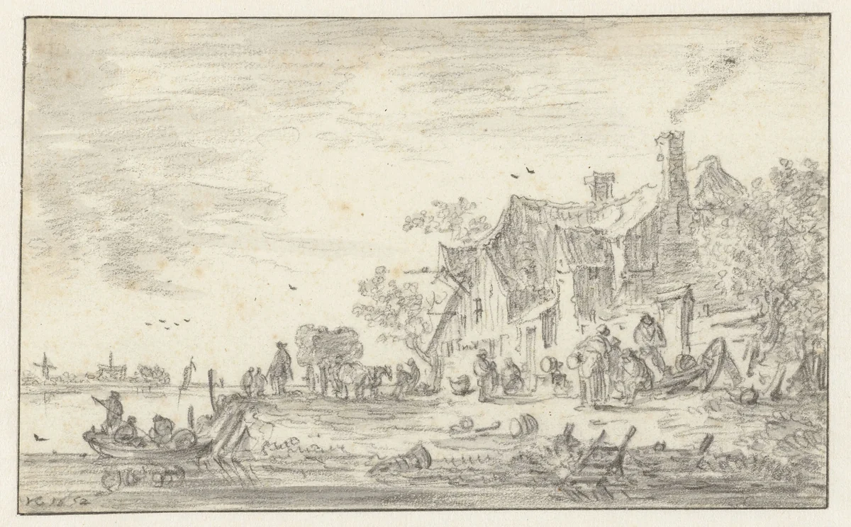 Boerderij aan de oever van een rivier by Jan van Goyen, drawing, 1652
