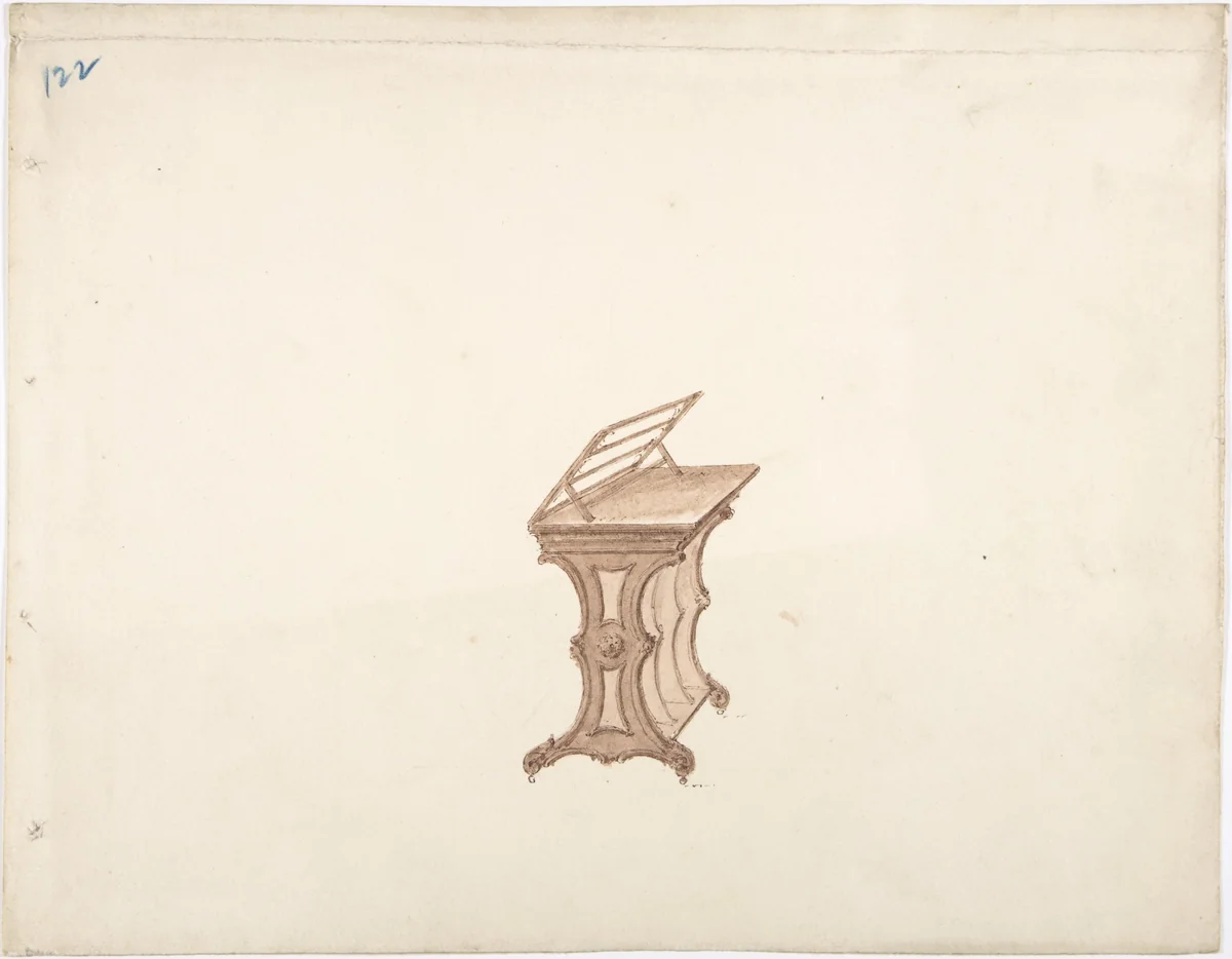 Design for a Bookstand on Casters by anonymous, drawing, 1800-1850