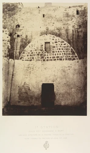Ie Station. Jésus est condamné à mort. Une cour intérieure de la caserne turque où la tradition place l'endroit du prêtoire où Jésus fut jugé by Louis de Clercq, photograph, 1860