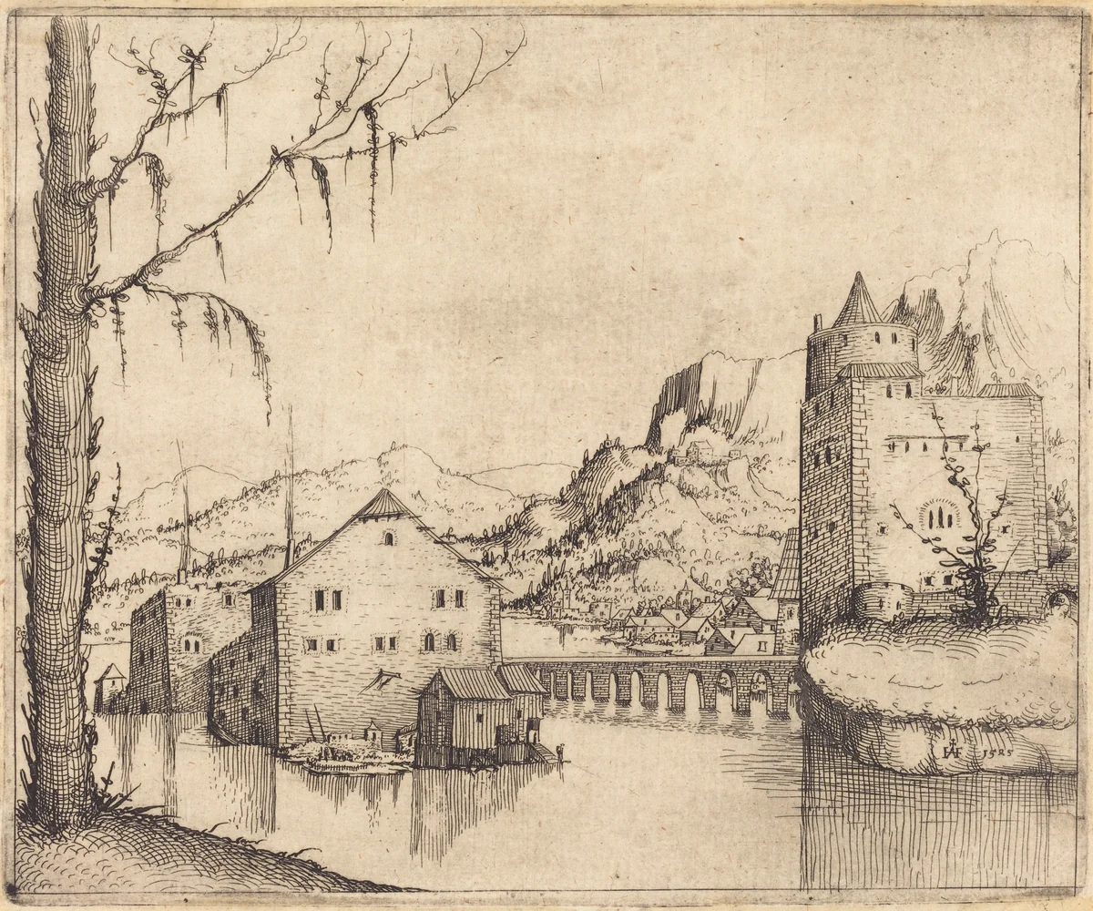 River Landscape with Two Buildings by Augustin Hirschvogel, print, 1545