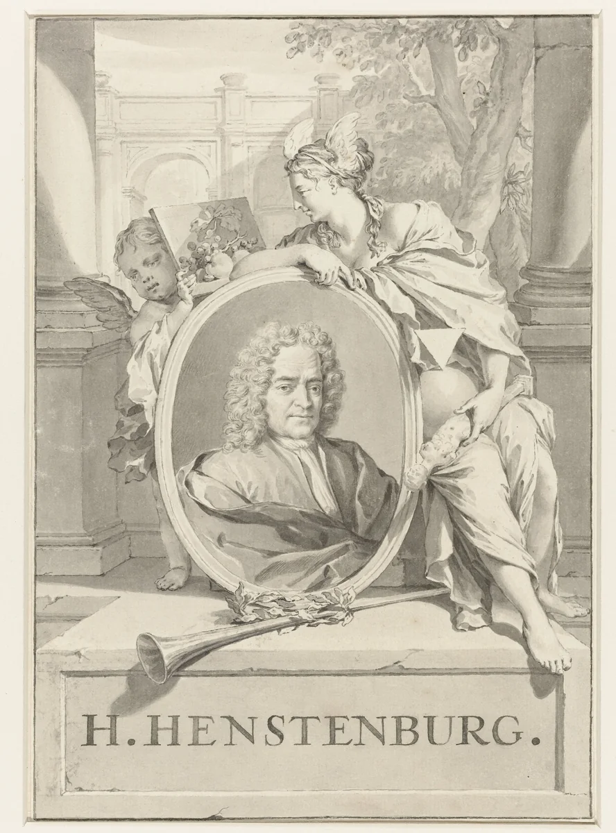 Portret van Herman Henstenburgh in ovaal vastgehouden door vrouwenfiguur en putto by Nicolaas Verkolje, drawing, 1683-1746