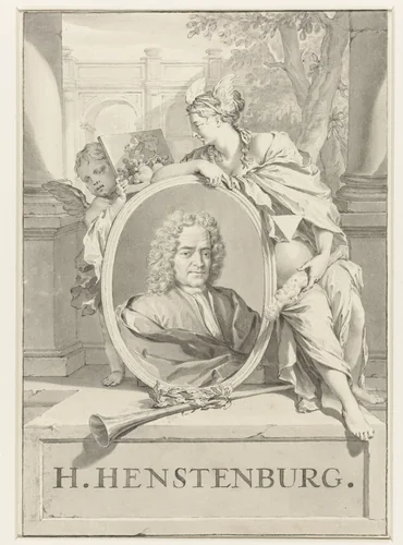 Portret van Herman Henstenburgh in ovaal vastgehouden door vrouwenfiguur en putto by Nicolaas Verkolje, drawing, 1683-1746