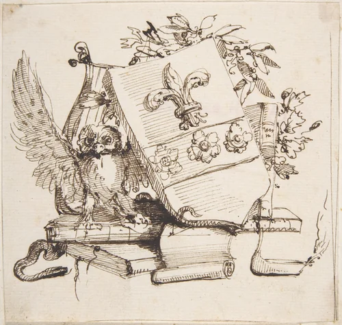 Drawing of a Decorated Coat of Arms surrounded by Books, Owl, Leaves, Vase and a Snake by Carlo Bianconi, drawing, 1732-1802