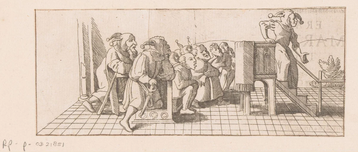 Dwaasheid verlaat de preekstoel met haar rug naar het publiek by Caspar Merian, print, 1516