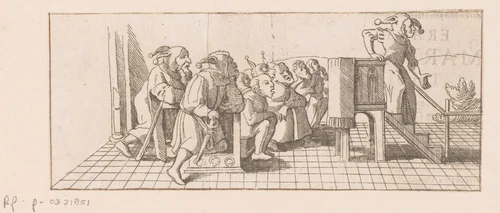 Dwaasheid verlaat de preekstoel met haar rug naar het publiek by Caspar Merian, print, 1516