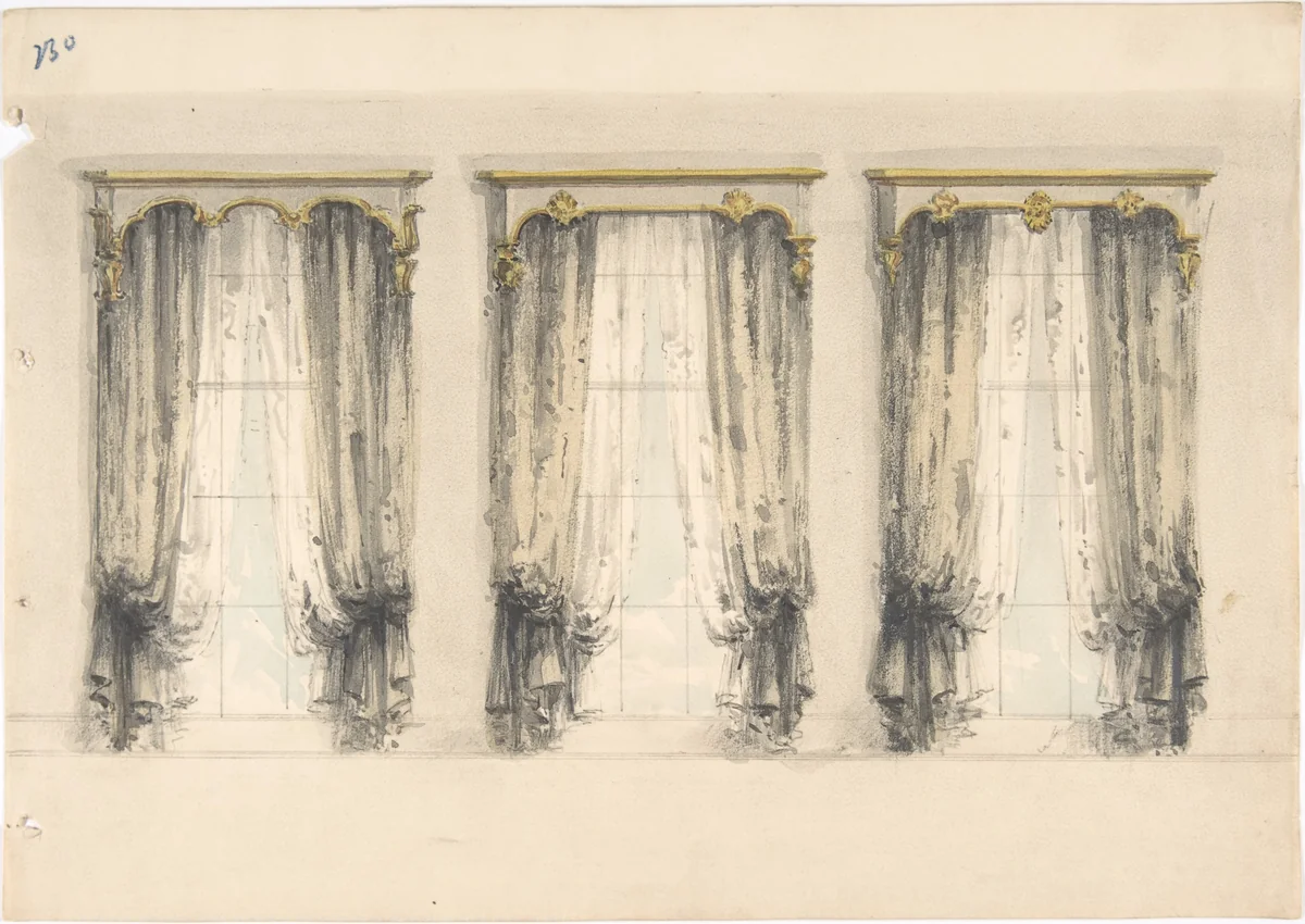 Design for Three Sets of Gray Curtains , with Gray and Gold Pediments by anonymous, drawing, 1800-1850