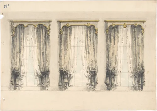Design for Three Sets of Gray Curtains , with Gray and Gold Pediments by anonymous, drawing, 1800-1850