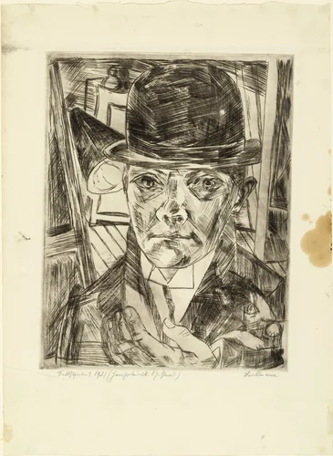 Self-Portrait in Bowler Hat (Selbstbildnis mit steifem Hut) by Max Beckmann, print, 1921