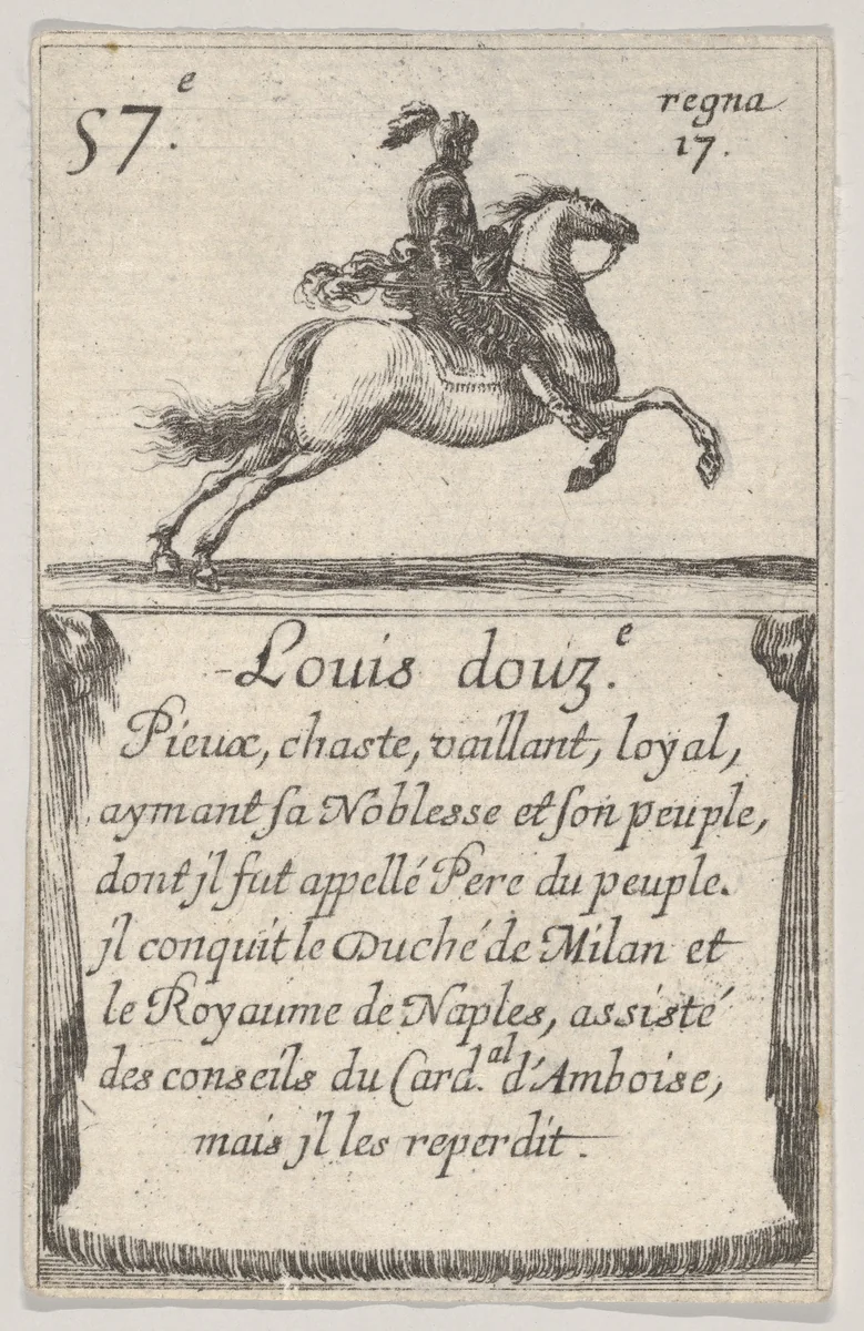 Louis douz.-e / Pieux, chaste..., from "Game of the Kings of France" (Jeu des Rois de France) by Stefano della Bella, print, 1644