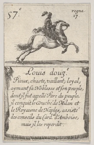 Louis douz.-e / Pieux, chaste..., from "Game of the Kings of France" (Jeu des Rois de France) by Stefano della Bella, print, 1644