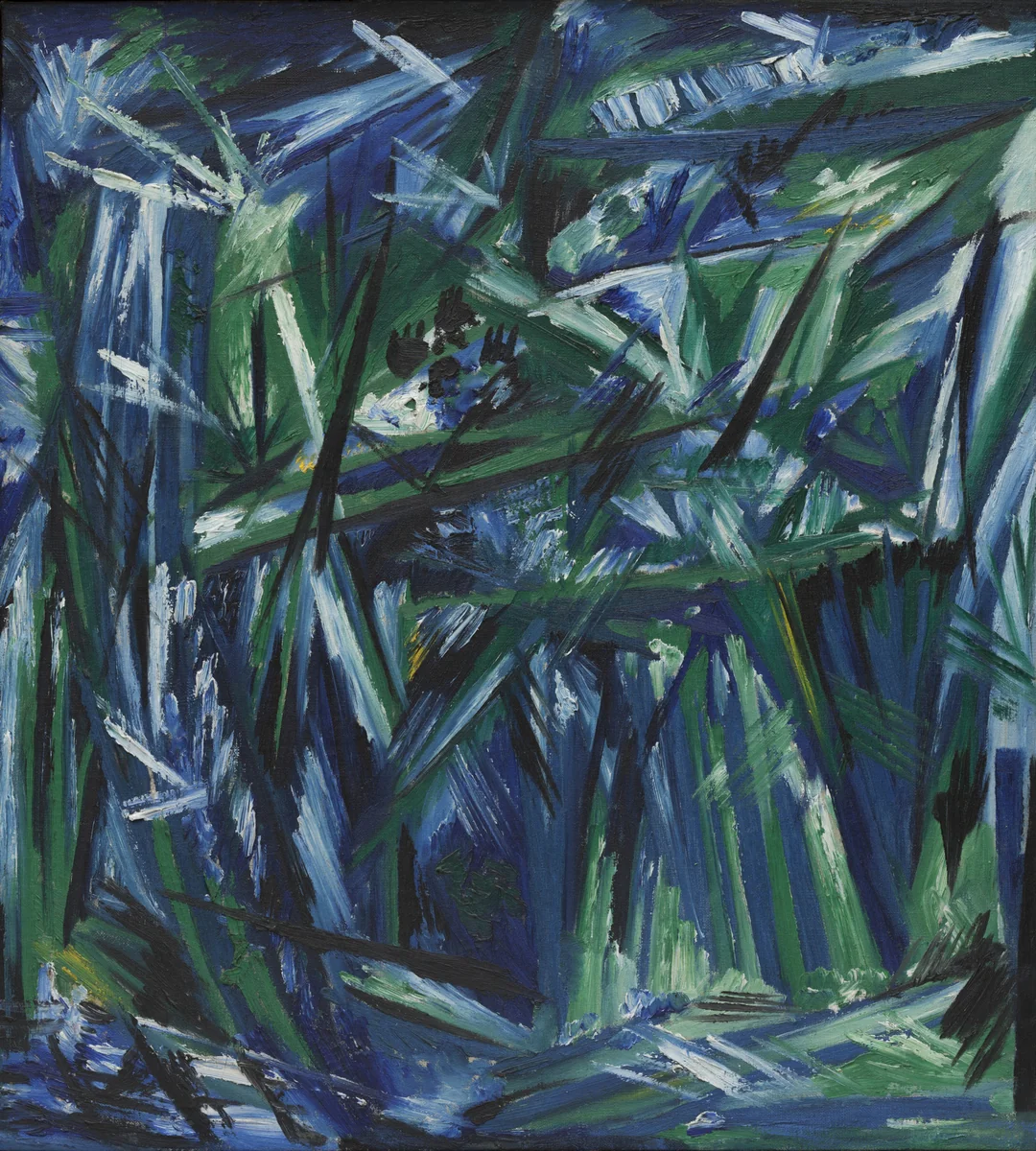 Rayonism, Blue-Green Forest by Natalia Goncharova, painting, 1913