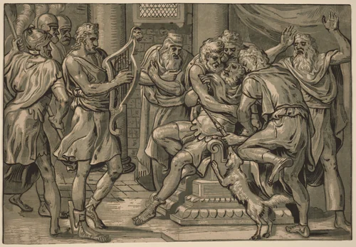 David Playing the Harp before Saul by Frans Floris, print, 1555