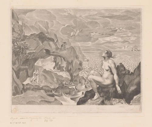 Perseus komt Andromeda bevrijden by anonymous, print, 1624