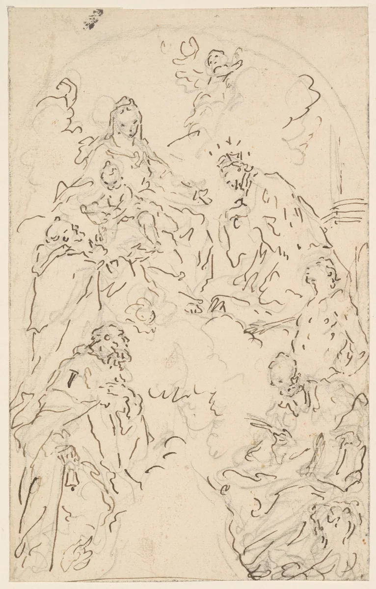 The Virgin and Child Enthroned on a Cloud, with Saints Dominic, John Nepomuk, Sebastian, Mark, and Anthony Abbot by Giuseppe Diziani, drawing, 1743-1774