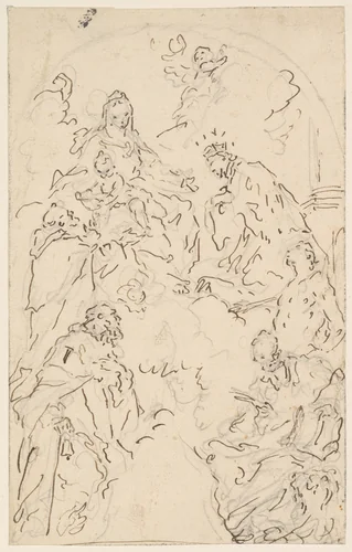 The Virgin and Child Enthroned on a Cloud, with Saints Dominic, John Nepomuk, Sebastian, Mark, and Anthony Abbot by Giuseppe Diziani, drawing, 1743-1774