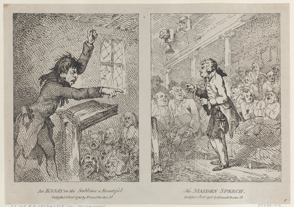 An Essay on the Sublime & Beautiful; The Maiden Speech by Thomas Rowlandson, print, 1785
