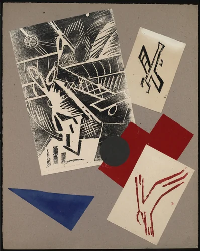 Aeroplany nad gorodom (Airplanes over the City) from Voina (War) by Olga Rozanova, illustrated book, 1915