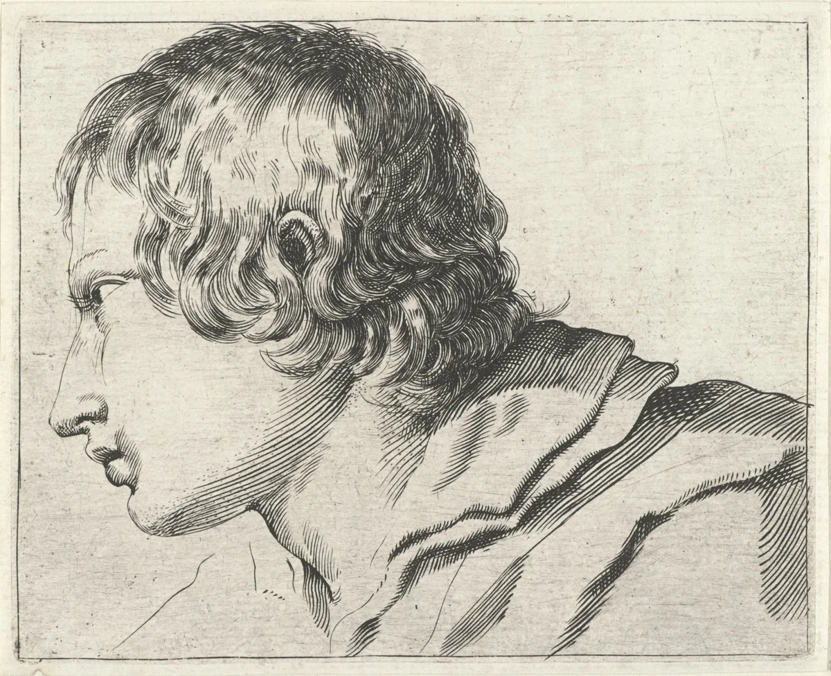 Hoofd van een jonge man, naar links gewend by Stefano della Bella, print, 1620-1647