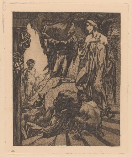 Oedipus en de sfinx by Johannes Josephus Aarts, print, 1881-1934