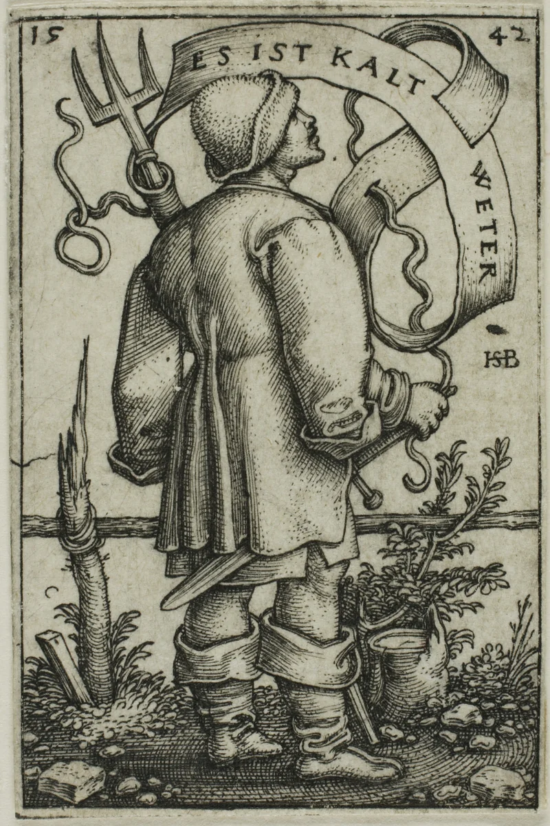 The Weather-Peasant "Es Ist Kalt Weter" by Sebald Beham, print, 1542
