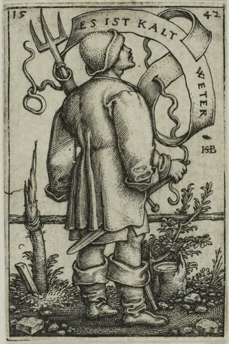 The Weather-Peasant "Es Ist Kalt Weter" by Sebald Beham, print, 1542