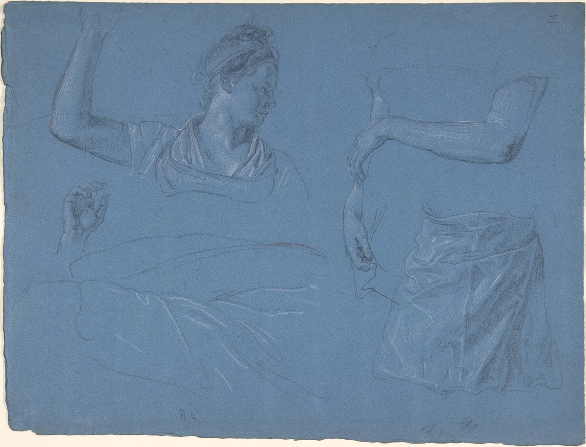 Studies of a woman, her hands and arms and drapery by Wolfgang Adam Töpffer, drawing, 1780-1847