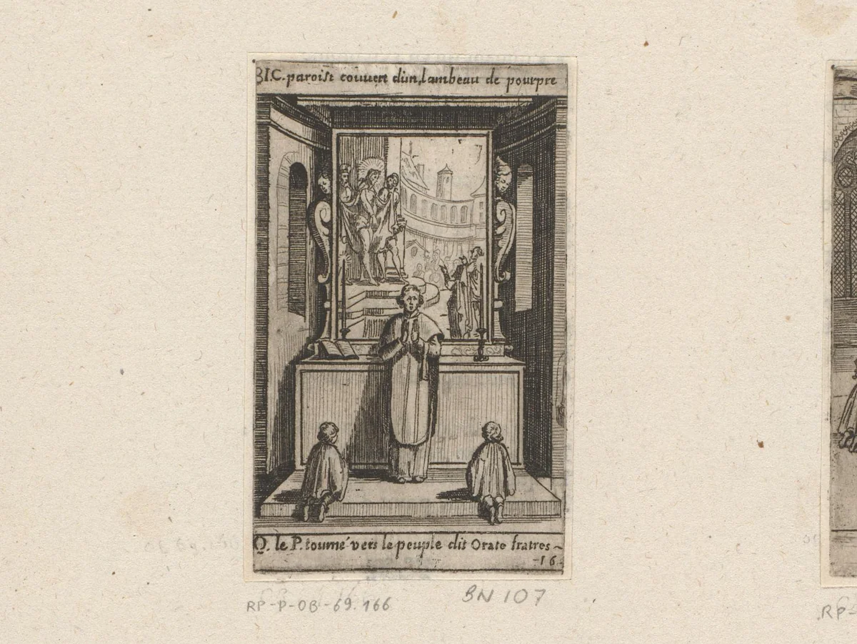 Priester met twee misdienaars voor een altaar by Sébastien Leclerc, print, 1661