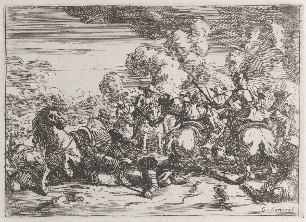 Plate 5: the wounded chief commander lies on the ground, while the battle goes on at right by Jacques Courtois, print, 1635-1660