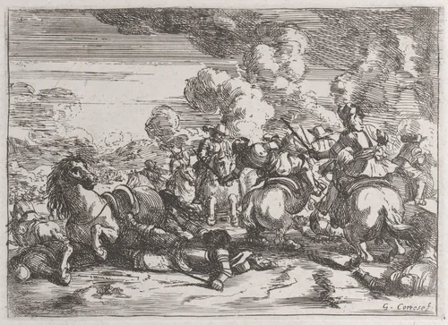 Plate 5: the wounded chief commander lies on the ground, while the battle goes on at right by Jacques Courtois, print, 1635-1660